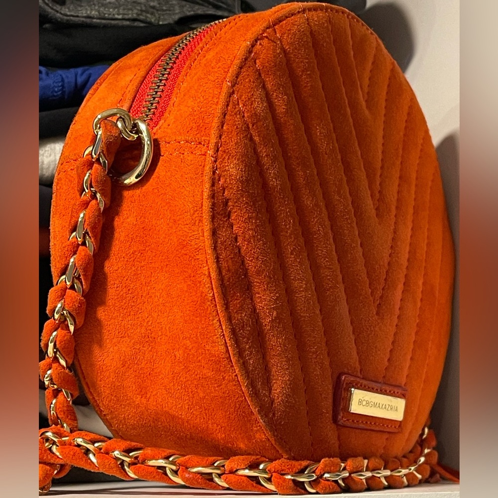 BCBG MaxAzria Orange Faux Suede Quilted Chevron Round Crossbody - Picture 10 of 16